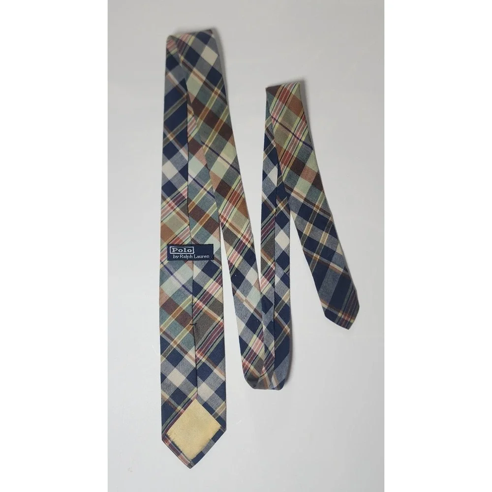 Polo Ralph Lauren Men's Tie Blue Brown Made in Italy Cotton Necktie Handmade Vtg